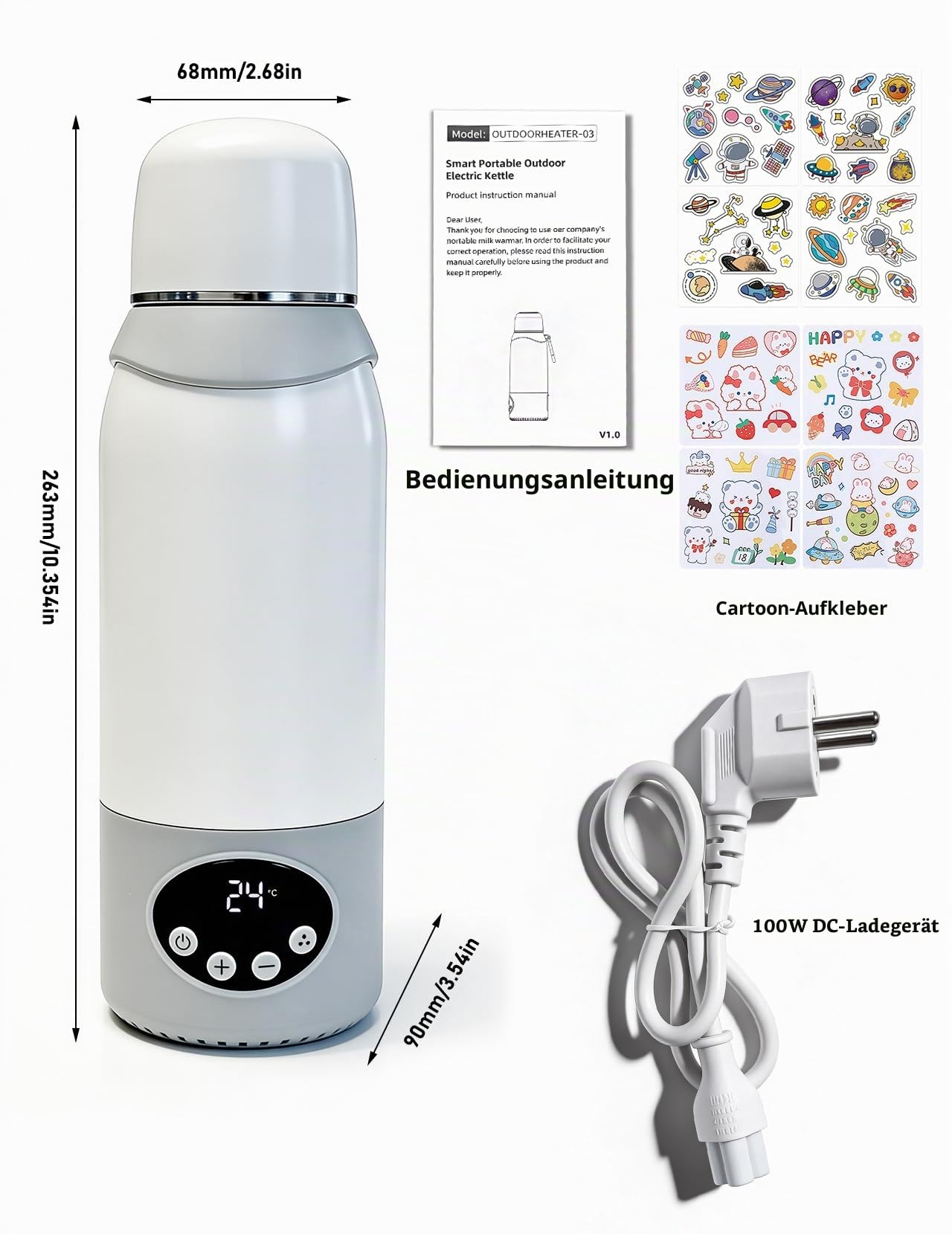 3-in-1 Tragbarer Flaschenwärmer Baby Unterwegs 500ML | 316L Edelstahl | BPA-frei | 37–100℃ | USB-C Laden | 320W Stecker EU | 12000mAh Akku | für unterwegs Reisen Auto Flugzeug
