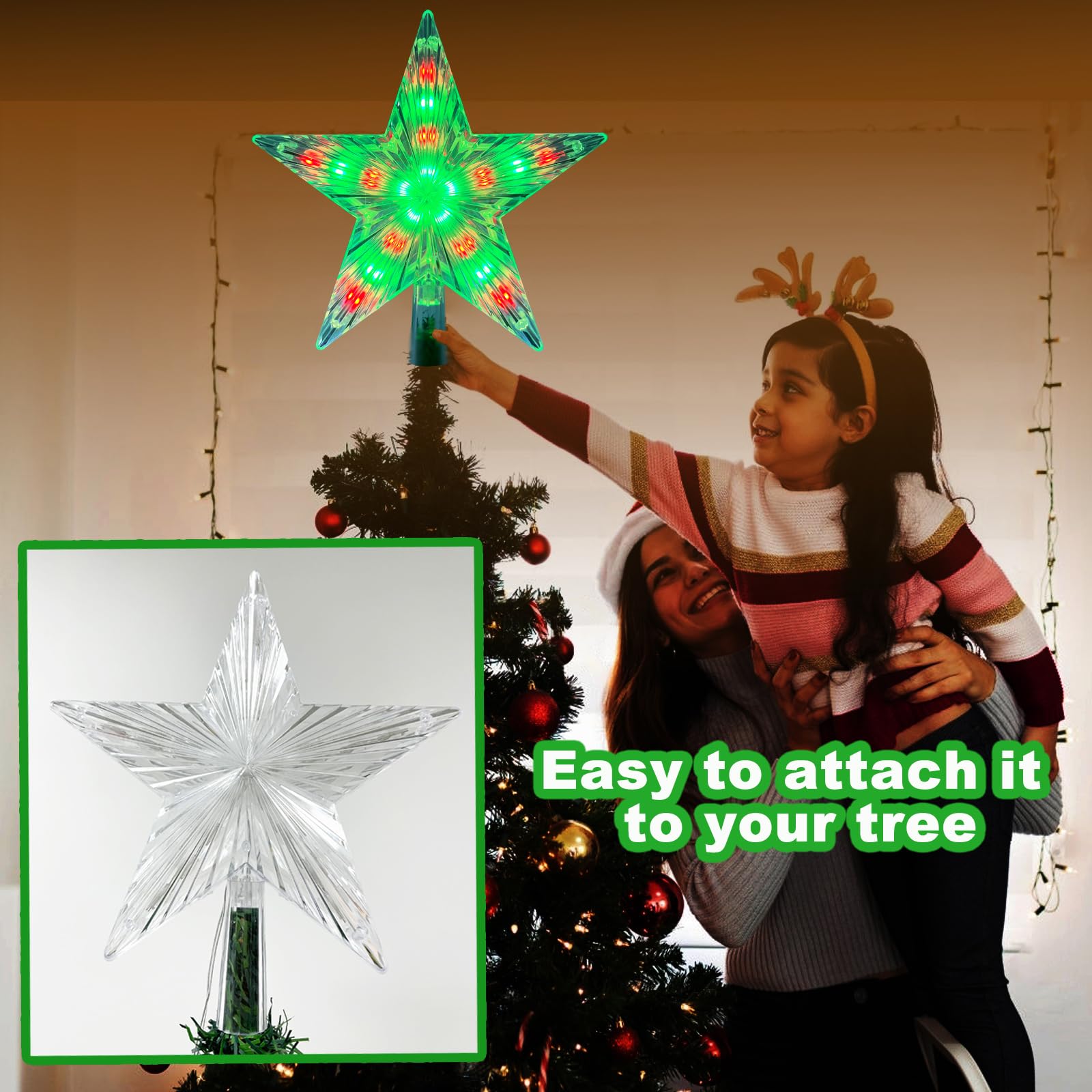 Estrella para árbol de Navidad de 8.6 pulgadas, estrella iluminada LED RGB con control remoto, 25 modos de luz, velocidad, temporizador, enchufe USB, cable de 16.4 pies para decoración de fiesta de