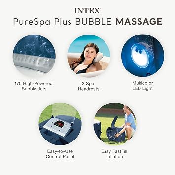 INTEX 28429EP PureSpa Plus Bubble Massage Spa Set: Inflatable Hot Tub Includes 2 Contoured Headrest LED Light 4 Person Capacity 77 x 28