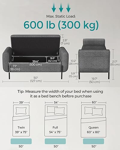 Miniatura 2 de SONGMICS Banco de almacenamiento con reposabrazos, otomana con almacenamiento para sala de estar, banco otomano de almacenamiento para dormitorio,