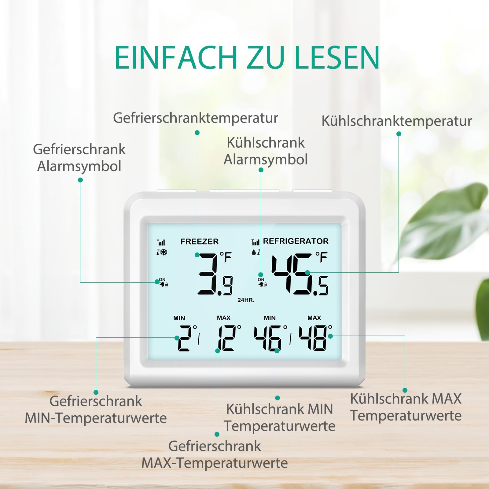 ORIA Digitales Kühlschrankthermometer, Gefrierschrank Refrigerator Thermometer mit 2 kabellosen Sensoren, 3,7" Bildschirm, 2 Alarmmodi (Symbol/Klang), ℃/℉, Min/Max-Wert, für Zuhause, Restaurants