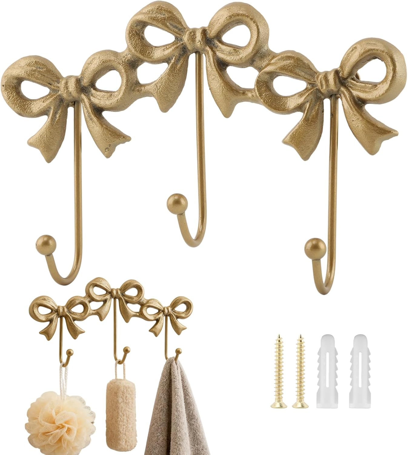 3-Pack Gold Bow Wall Hooks, Vintage Iron Wall Mounted Hooks for Hanging Coats, Towels, Bags, Decorative Hardware for Bathroom, Living Room, Includes Screws and Anchors