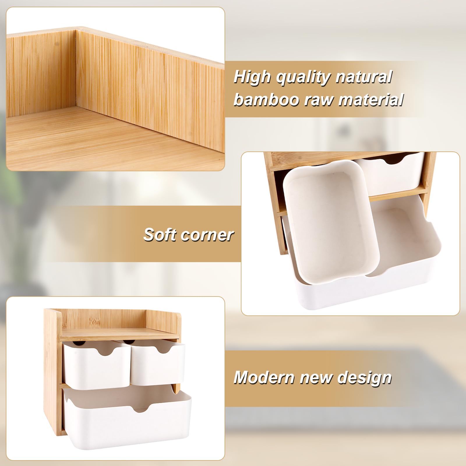 Aufbewahrungsbox mit Schubladen, Holz und Bambus, Schreibtisch Organizer, Make-Up Organizer Holz mit 3 Schubladen für Büro Zuhause Schule, Weiß