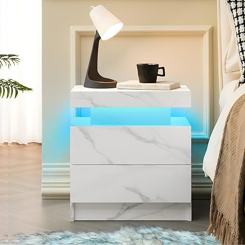 Miniatura 15 de Mesita de noche LED con 2 cajones para dormitorio, sala de estar, mesa auxiliar de sofá con sistema de luz LED ajustable, mesita de noche moderna