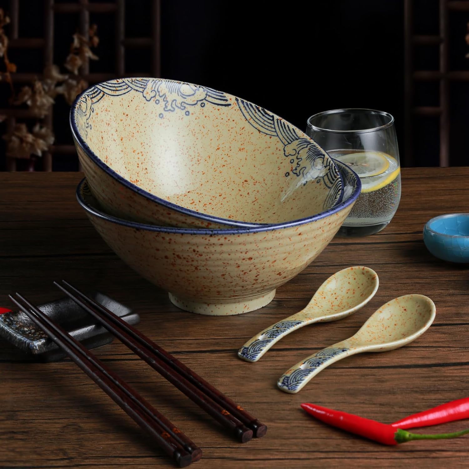 Salatschüssel aus Porzellan, Ramen-Schüssel-Set, Keramik-Nudelschüssel mit Löffeln, 1200-ml-Suppenschüsseln, japanische Ramen-Schüsseln, für Salat, Pho, Pasta, Udon, Fisch