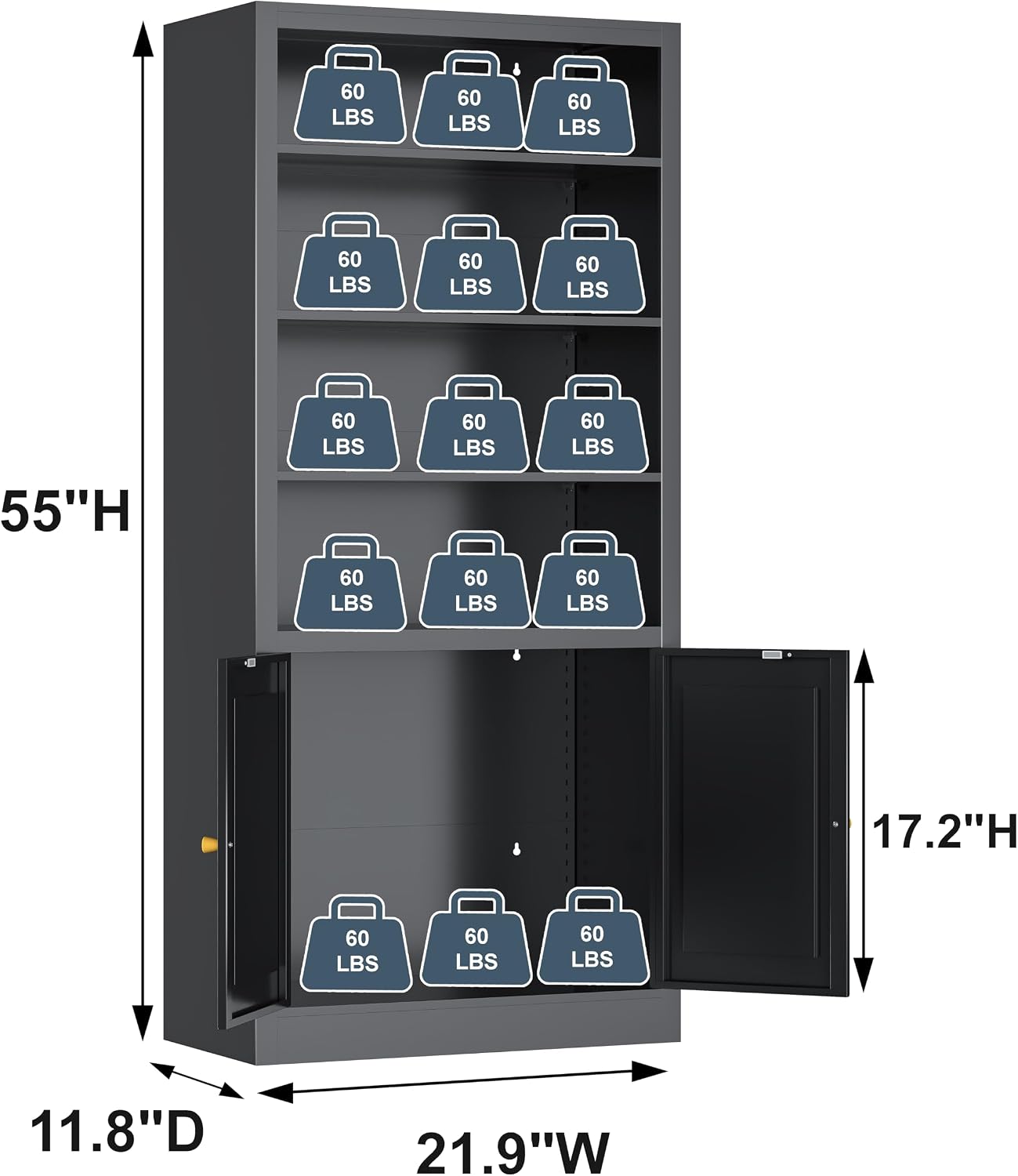 55" H Metal Bookshelf, Tall Black Storage Cabinet with Doors and Shelves, Adjustable Bookcase with Storage for Living Room, Office, Study