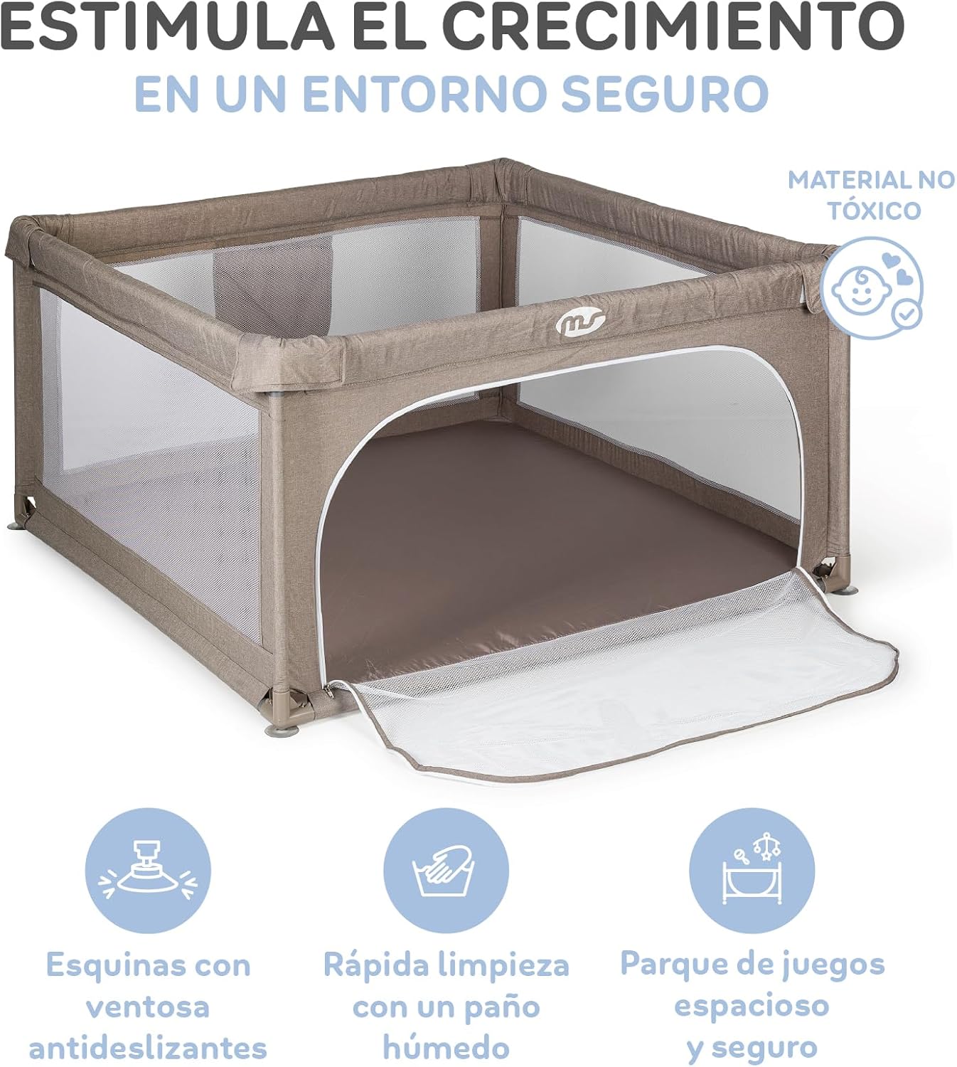 MS Baby Playpen L highlighting non-toxic material, anti-slip suction cups, easy cleaning, and spacious design
