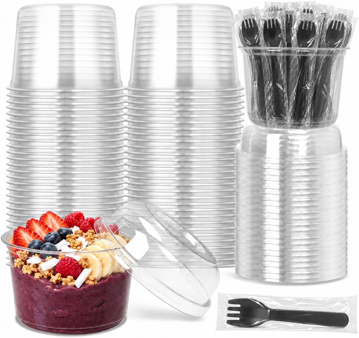 50 Pack 12 oz Plastic Dessert Bowls with Dome Lids and Sporks