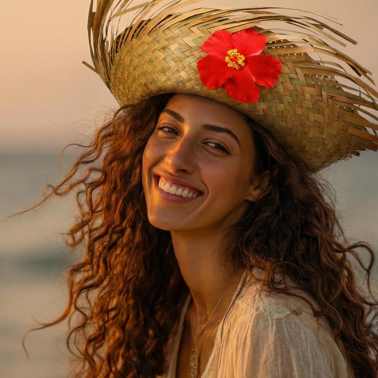 Cuffbow 4 Pcs Hawaii Straw Hat Pava Hat Puerto Rico Hibiscus Beachcomber Panama Cap Hawaiian Luau Farmer Cap Sombrero Headwear for Summer Pool Party Props Accessories(Natural)