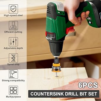 6 Pcs Countersink Drill Bit Set with Depth Stop HSS Drill Countersink with 1/4 Inch Hex Precision Drilling Tool for Wood Processing(Golden)