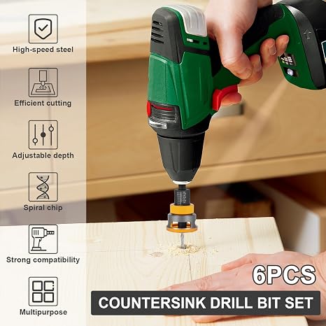 6 Pcs Countersink Drill Bit Set with Depth Stop HSS Drill Countersink with 1/4 Inch Hex Precision Drilling Tool for Wood Processing(Golden)
