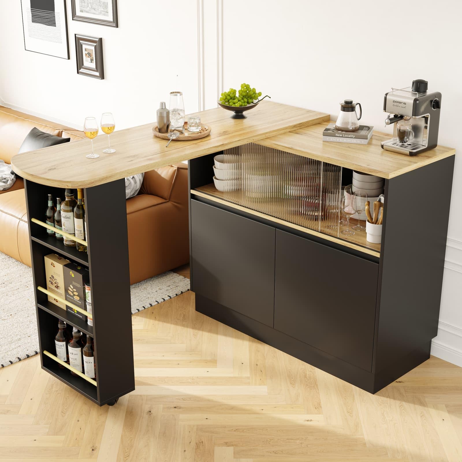 KOMHTOM Table de Bar Extensible avec Espace de Rangement, Meuble Bar avec 2 Portes en Verre, Rotation Libre à 360 °, étagères latérales (Noir)