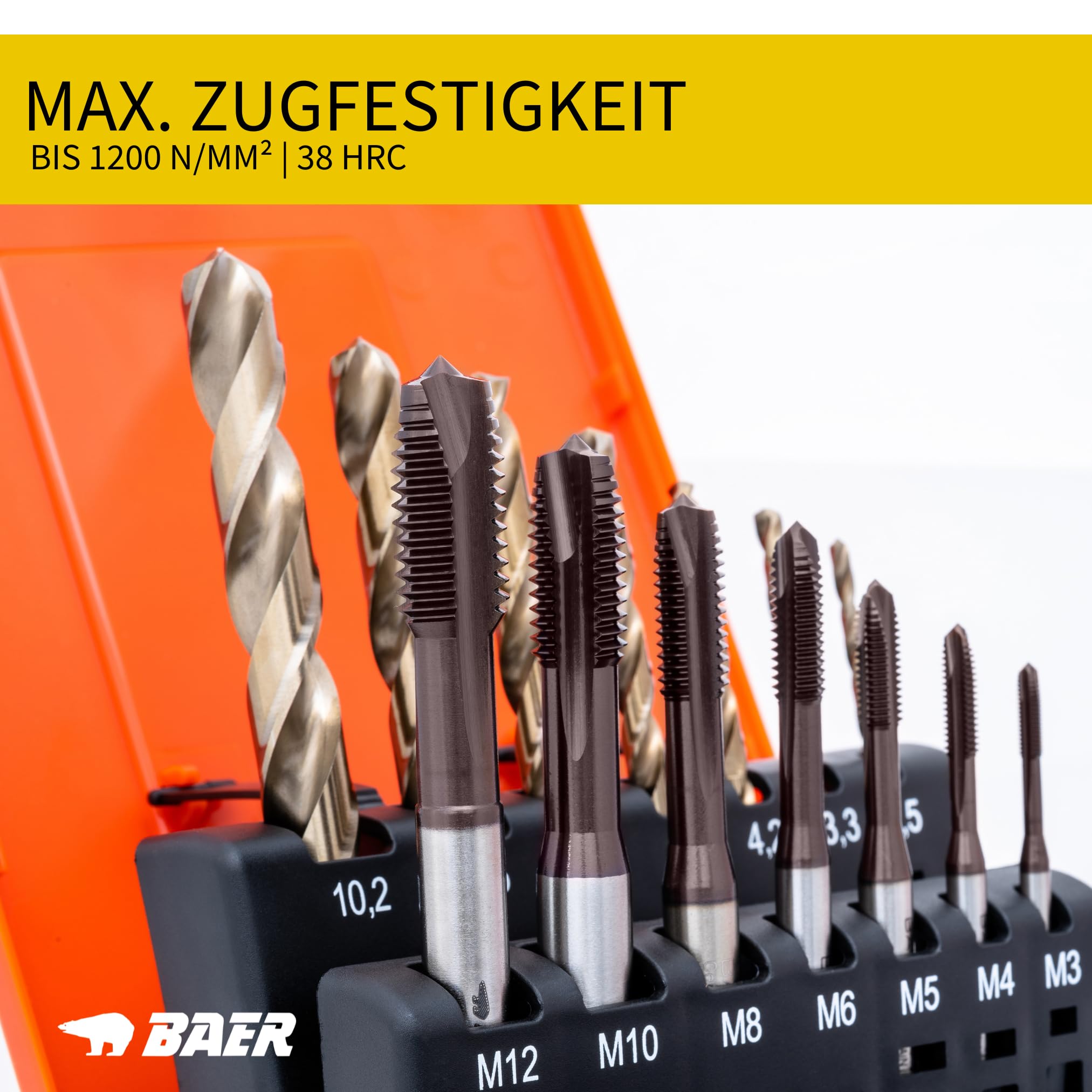 BaerCoil BAER UNiTap Gewindeschneider Set HSSE M3 - M12: Gewindebohrer Durchgangsloch - Kernlochbohrer - High-End Gewindeschneid-Satz - Gewindebohrer-Set - Gewindeschneider - Maschinengewindebohrer