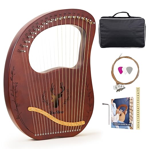 Lyre Harp, 19-String Mahogany Lyra Harp Kit, Stringed Musical Instruments with Tuning Wrench Bag Instructions Extra Strings for Beginners Adults