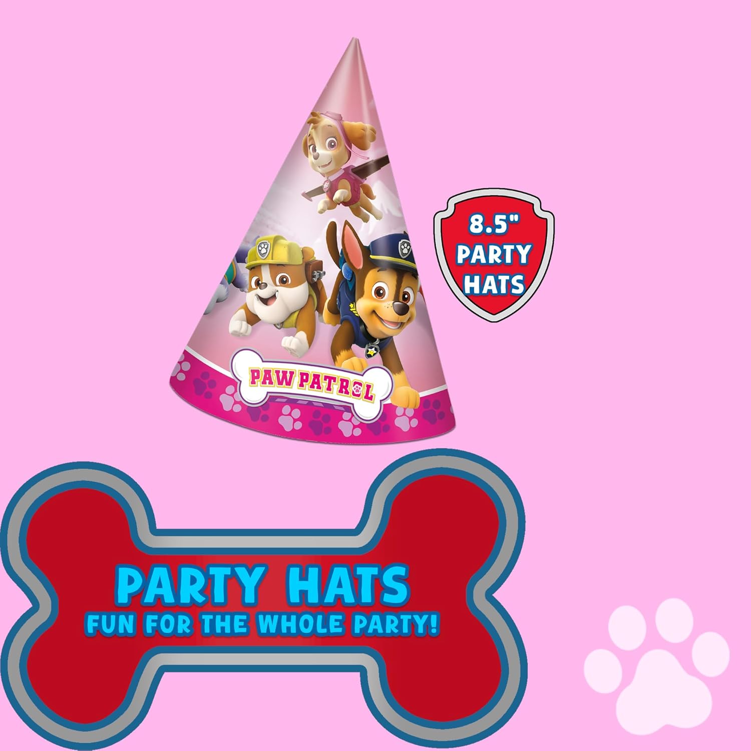 Unique Paw Patrol Girl Party Hats 16 Party Hats with Celebrate With Me Sticker | Kids Birthday Party Supplies