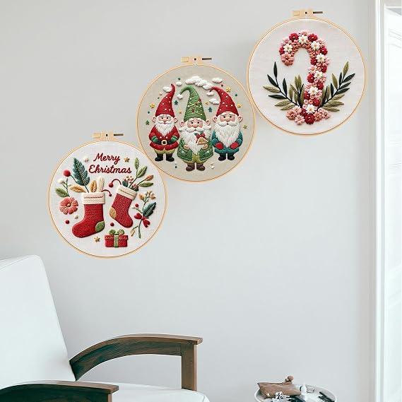 Smart-Feather 3 Sets Holiday Embroidery kit for Beginners, Hand Embroidery Kits for Adults with Hoop, DIY Art Project Craft Kit (Season)
