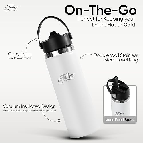 Miniatura 5 de Fuller - Botella de agua de acero inoxidable con tapa con popote, sin BPA, a prueba de sudor, taza de viaje a prueba de fugas, aislamiento de doble