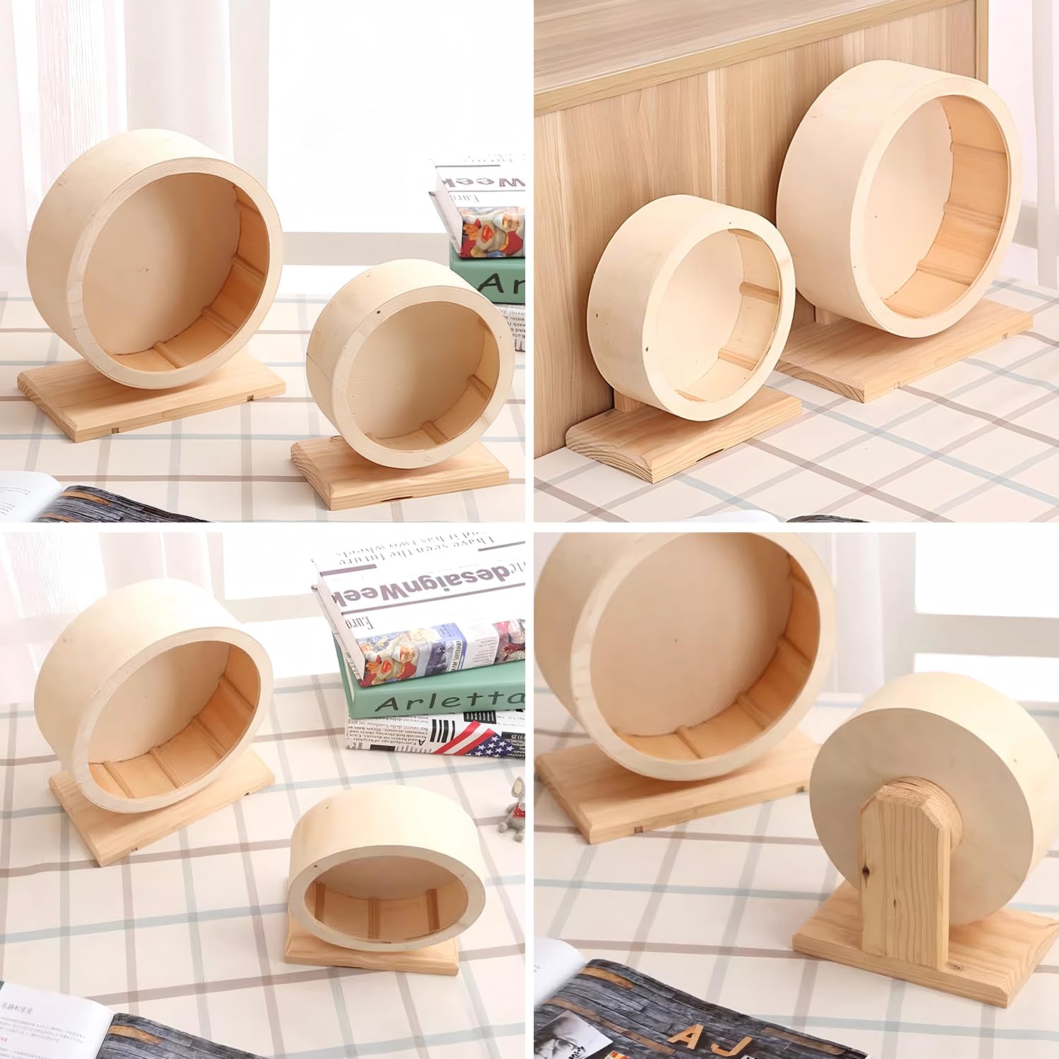 Hamsterrad Holz 25 cm, Leise Laufrad für Hamster mit Korkstreifen und Standfuß für Hamster, Chinchillas, Mäuse und Kleintiere, Sicher und Stabil für Käfigtraining