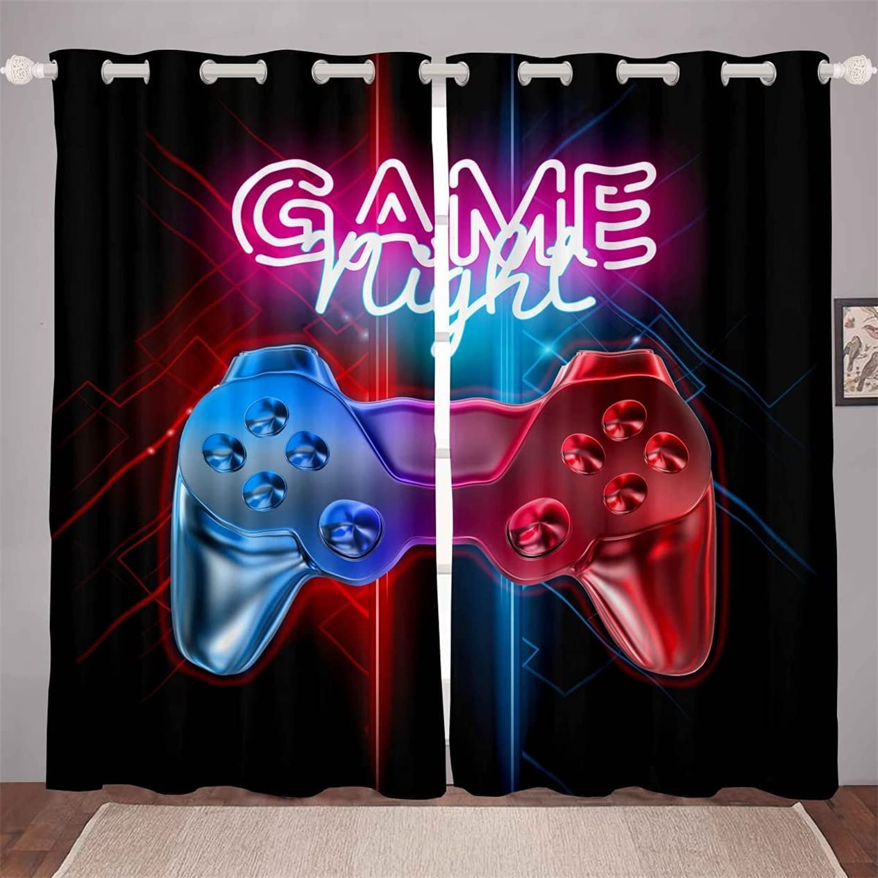 Xisnuient Boys Red Gamer Gaming Curtain For Bedroom Video Game Curtains For Kids Room Decor Blue Purple Game Controller Gamepad Window Drapes Geometry Honeycomb Window Treatments (2Pc-W46'' X L54'',)
