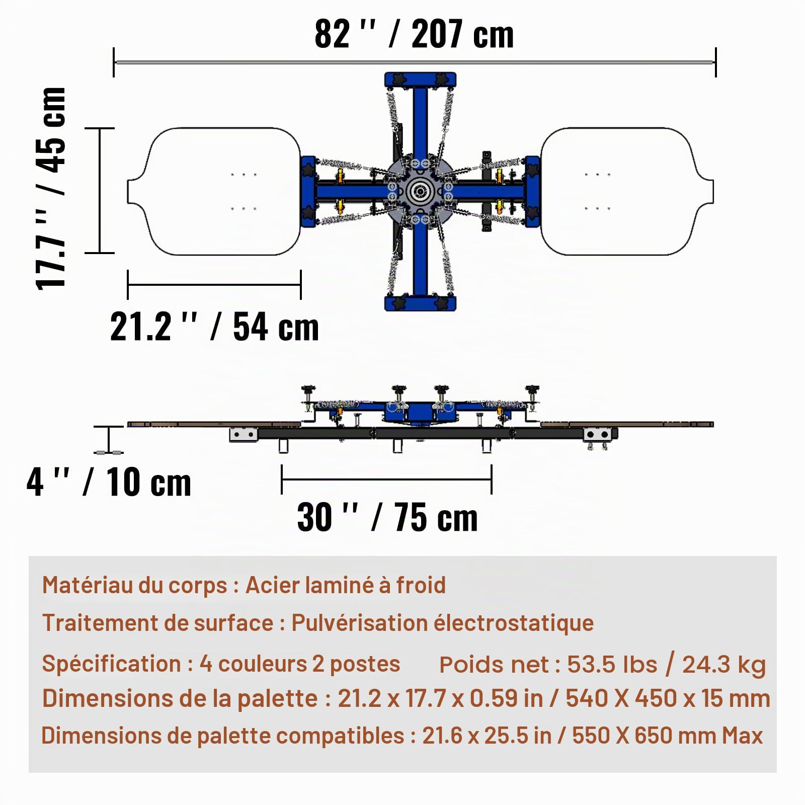 VEVOR Machine de Sérigraphie 4 Couleurs 2 Stations Presse à Sérigraphie Plateau 54 x 45 cm Machine d'Impression à Écran Rotative à 360° pour Impression à Plat T-shirt Vêtements Bois Plastique Papier