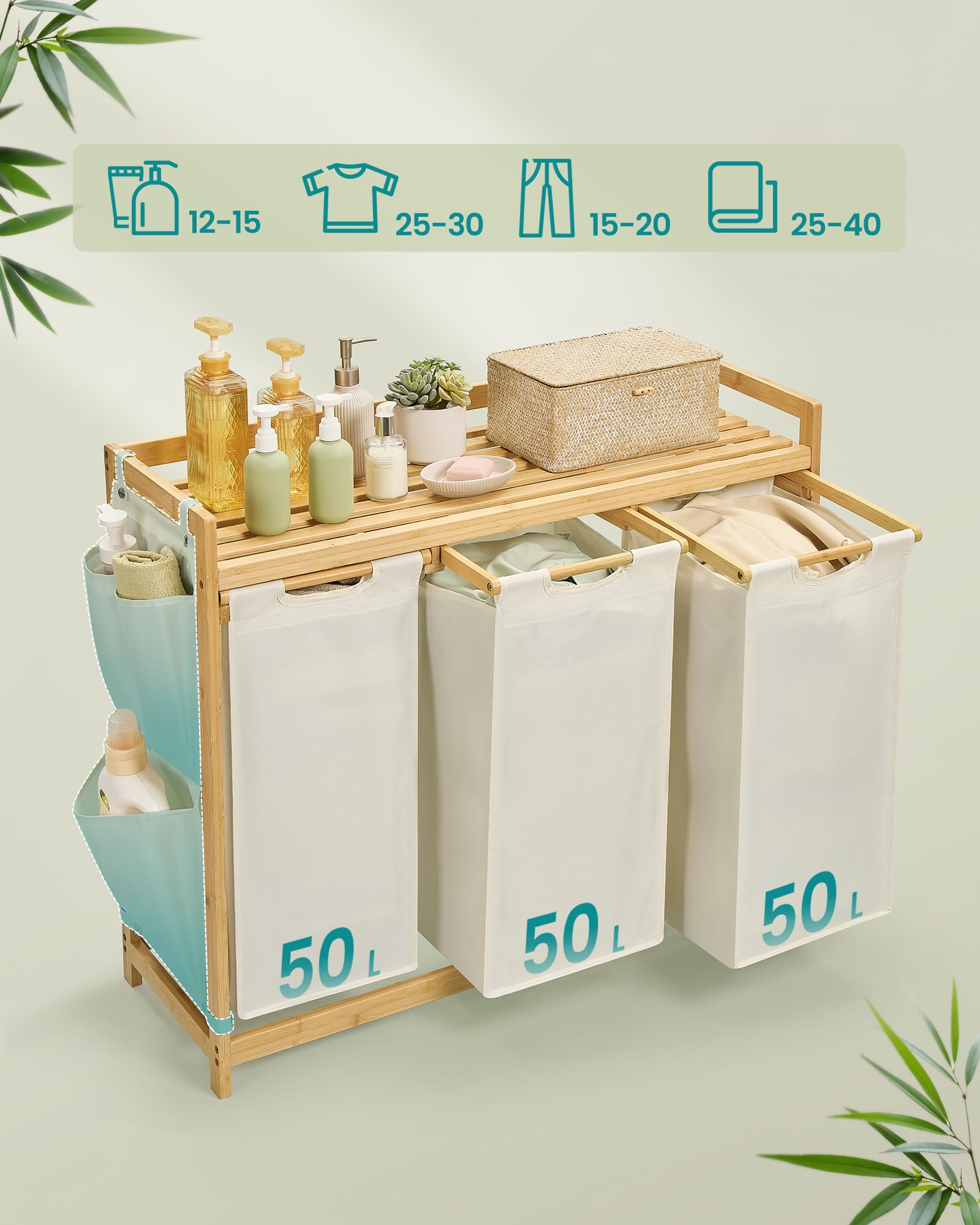 SONGMICS Kosz na pranie, z 3 przegródkami, kosz na brudną bieliznę, bambusowy, pojemność 150 l, z półką, kieszeniami bocznymi, 3 x 50 l, 94 x 33 x 78 cm, kremowo-biały RLH115W01