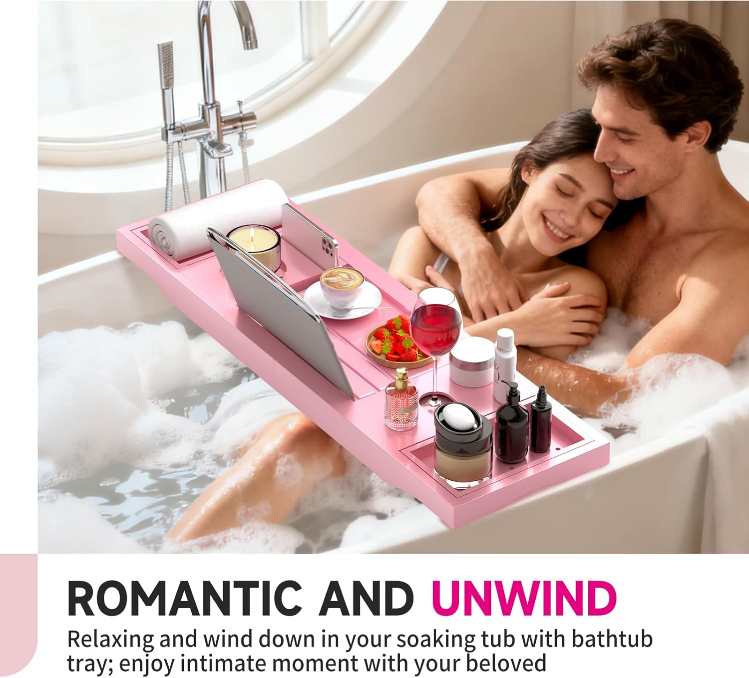 Foldable Bathtub Caddy Tray, Bamboo Bath Tub Tray Table for Tub with Wine Glass Holder Book Phone Tablet Holder with Extending Sides, Adjustable Bathroom Bathtub Free Soap Holder Gift Idea (Pink)