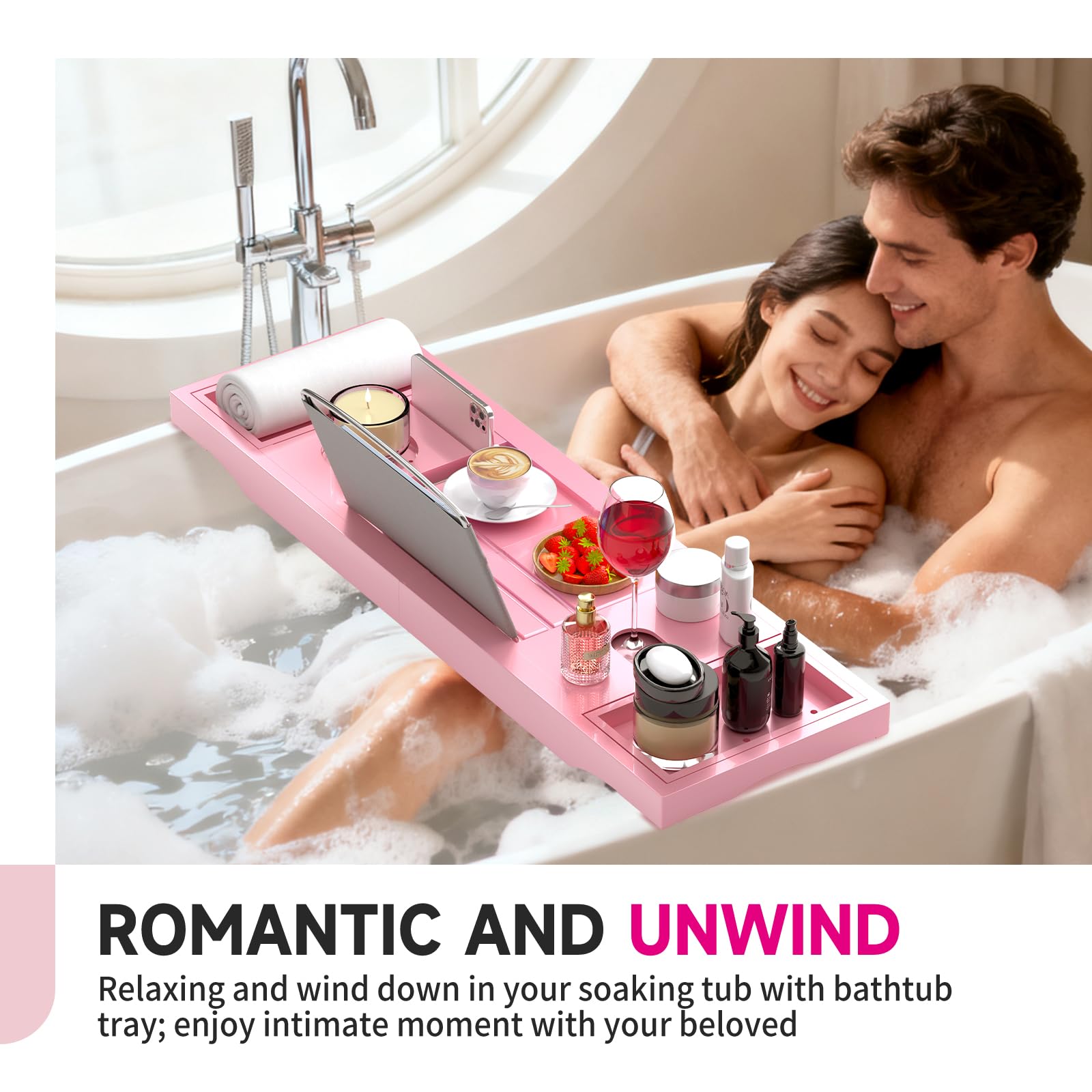 Bandeja Plegable para bañera, Bandeja de bambú para bañera con Soporte para Copas de Vino, Soporte para Libro, teléfono, Tableta con Lados Extensibles, Ajustable, Soporte para jabón Gratis (Rosa)