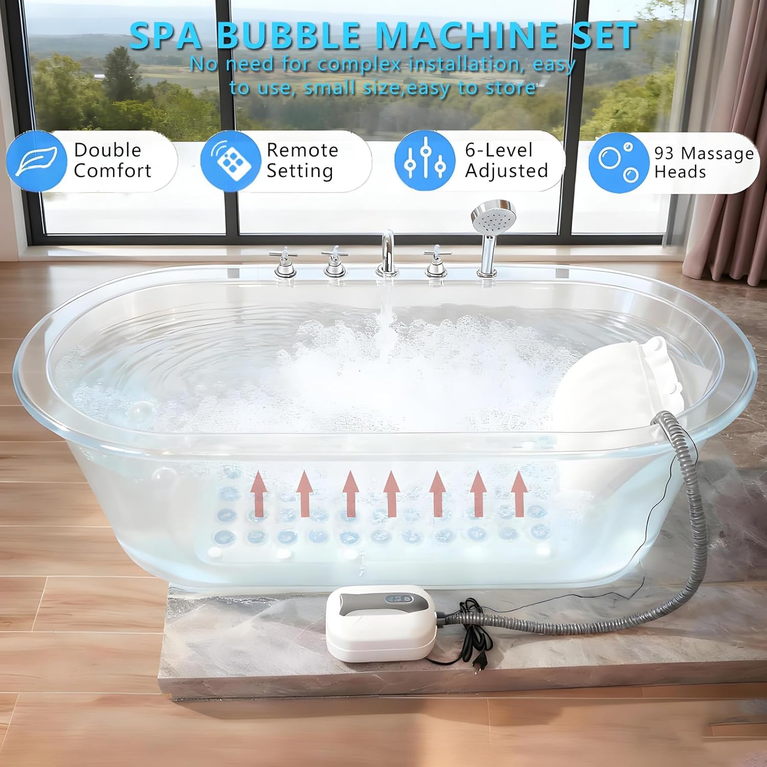 Full Body Bubble Mat with Pillow - Non-Slip Spa Tub Mat, 6-Speed Adjustable, Powerful Suction Cups & Electric Air Pump for Ultimate Relaxation and Comfort