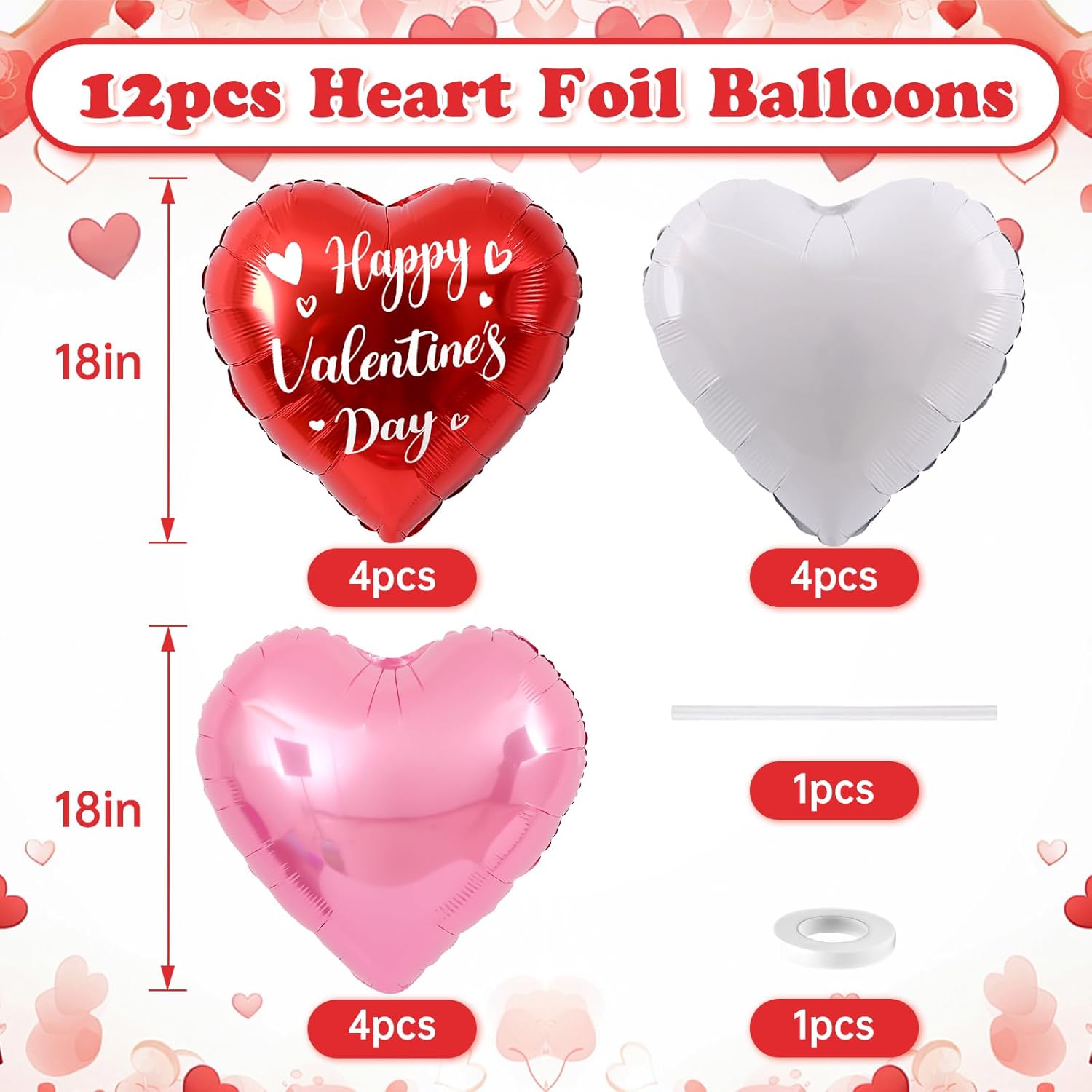 Pink White Red Heart Balloons,12Pcs Red Happy Valentine's Day Balloons,18Inch Pink White Heart Shaped Foil Balloons for Valentine's Day Party Decorations - Image 2