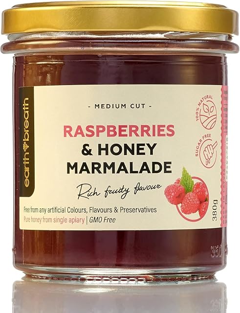 Earthbreath Marmalade - Raspberries & Honey - 380g - Sugar-free, Natural, Pure - Berries - Vegan Gelling Agent - Medium Cut - Free From Gelatine, Preservatives or Any Artificial Additives