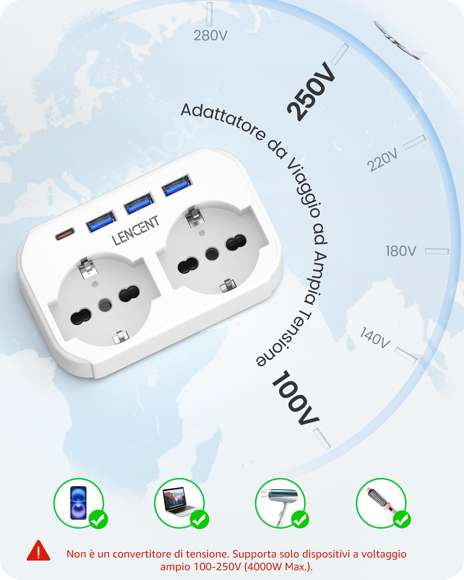 LENCENT Adattatore Presa Inglese 6 in 1 Spina Tipo G 2 Prese CA 3 USB 1 USB-C 3250W UK Viaggio