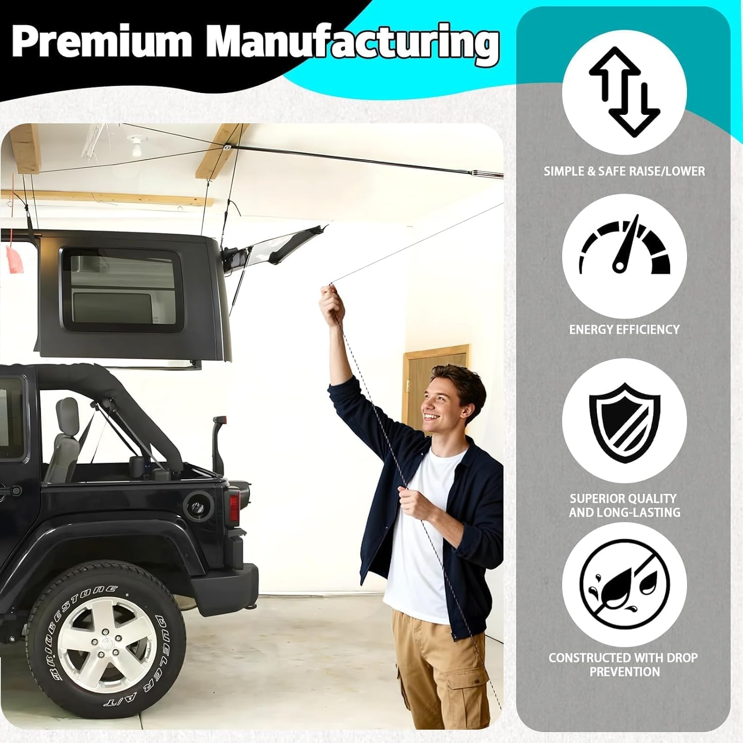 Hard Top Removal Lift for Jeep Wrangler JL JK Models and Ford Hardtop, Easy One-Person Auto Lock Anti-Drop Hoist with Multi-Use Overhead Storage, Supports 8 to16 ft, Ceilings Bonus 6 T Knobs Included