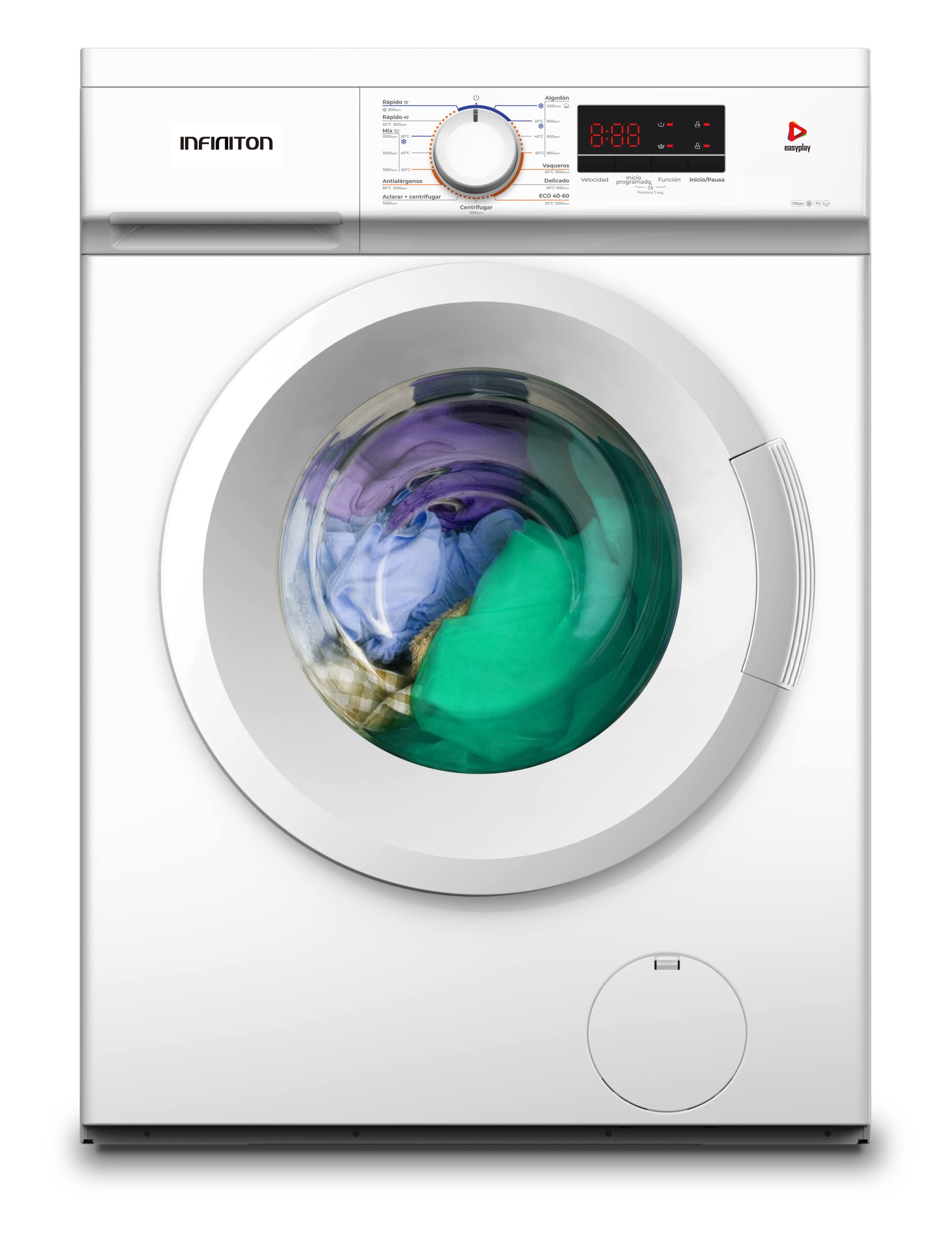 INFINITON | WM-A62B - Lavadora Carga Frontal | Función Secado Extra | Lavado Antialérgenos | Display LED | 15 Programas | Easy Play | Tambor Diamante | Acabado Blanco | Capacidad 6 Kg