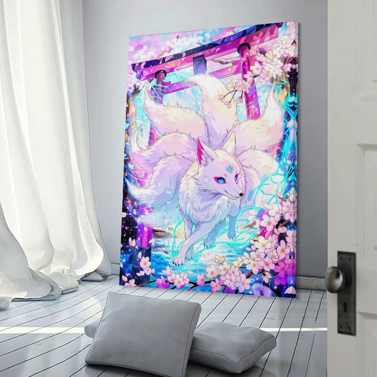 Junmoney Hanging Wall Art Mythical Nine-Tailed Fox by Torii Gate, 12x18inch(30x45cm), for Wall Displays, Bedrooms Or Room Updates, Wall Decor Suited to Curated Displays