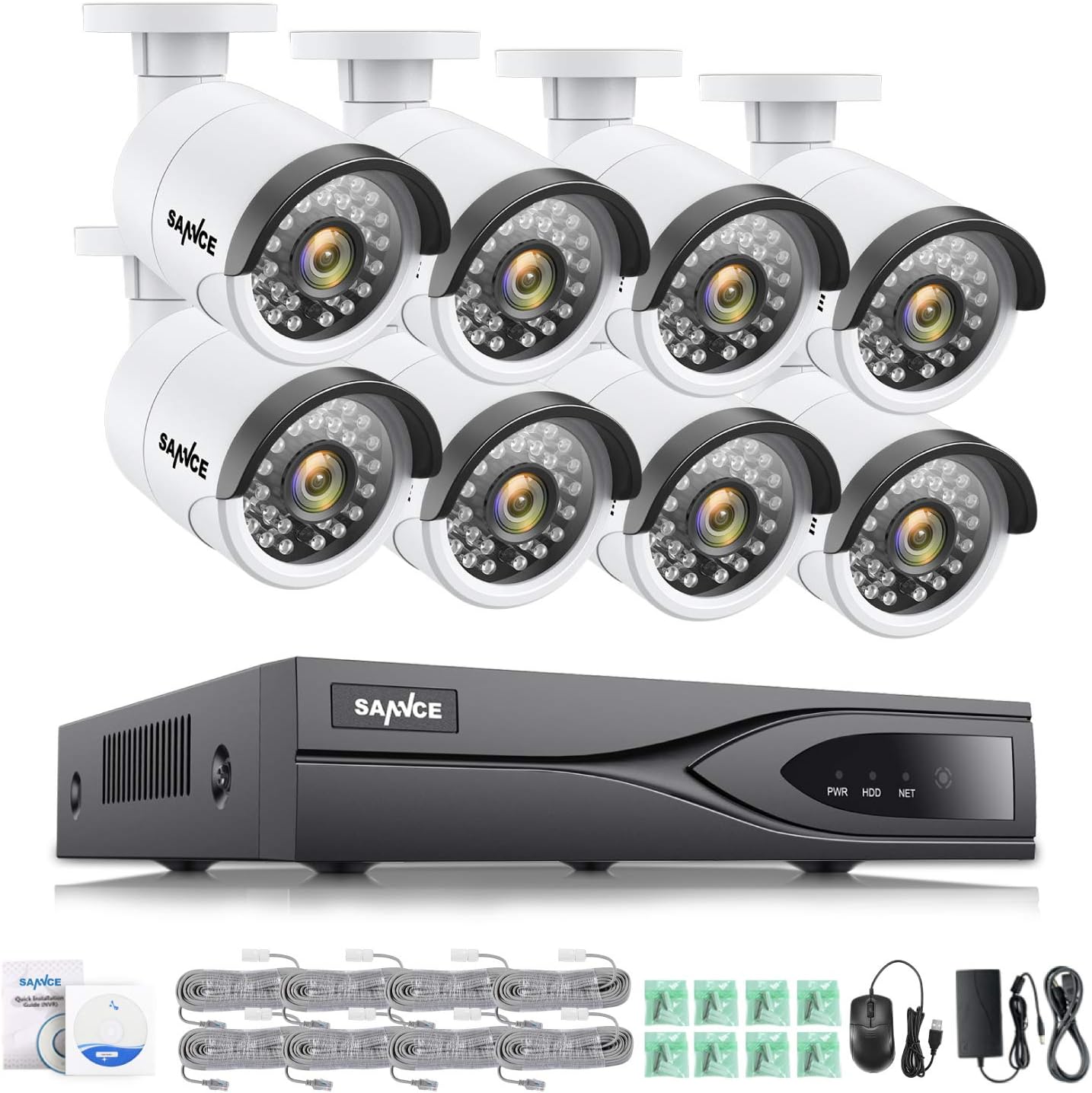 [Ture PoE]SANNCE 8 Channel 4.0MP(2560 * 1440) H.265 Home NVR CCTV System with (8) 2.0MP Outdoor IP Camera Kits,IP66 Metal Casing, Easy Remote Access, 1080P VGA&HDMI Output, APP&Email Alert(NO HDD)