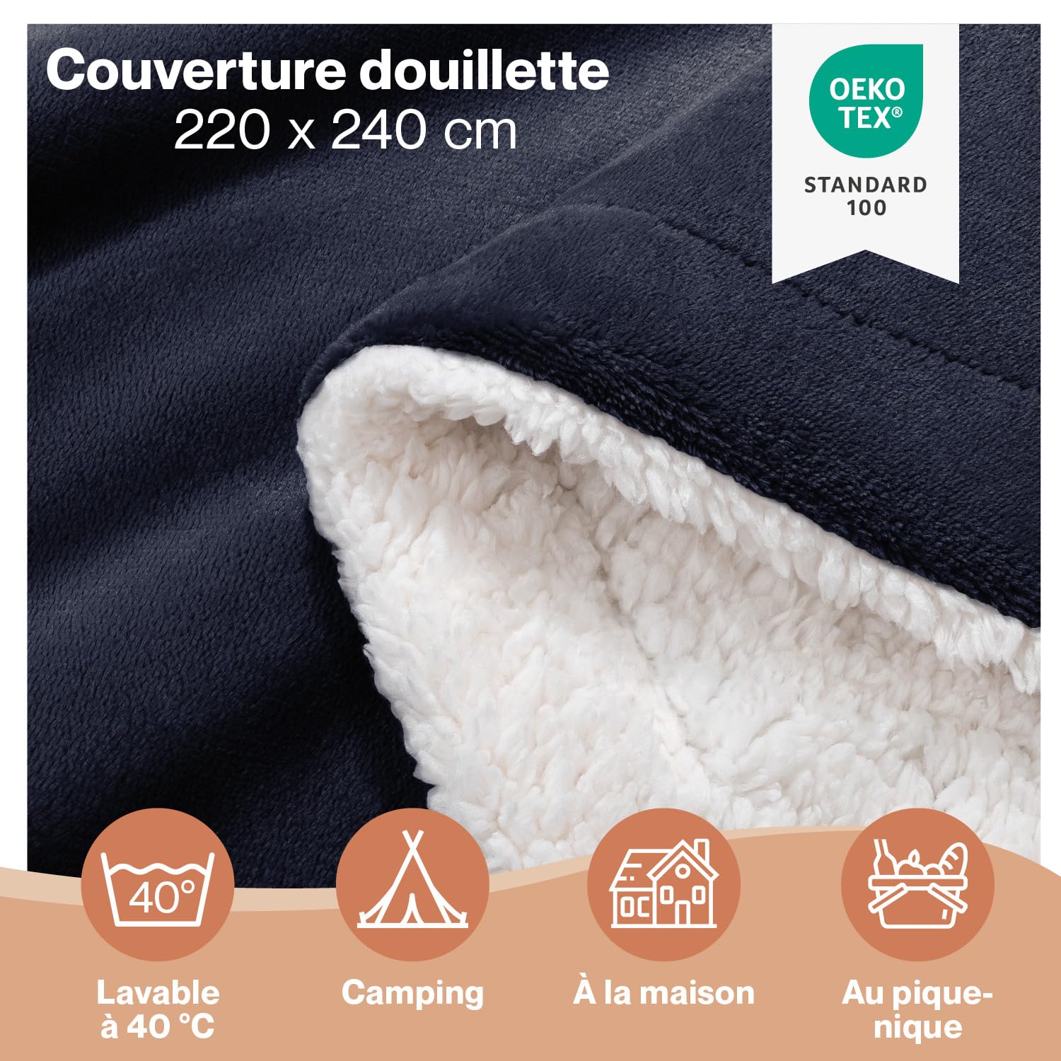 Blumtal Plaid Polaire 220 x 240 - Certifié Oeko-TEX®, Sherpa, Couverture Haute Qualité, Doux, Chaud, Moelleux, Bleu Foncé