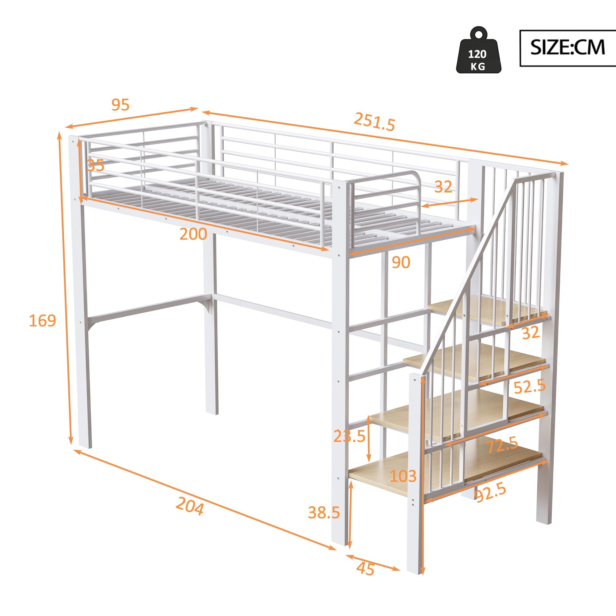 Merax Lit mezzanine 90x200 cm en métal avec échelle et espace de rangement sous le lit, lit simple peu encombrant pour enfants et adultes, lit métallique au design moderne, Blanc (sans matelas)