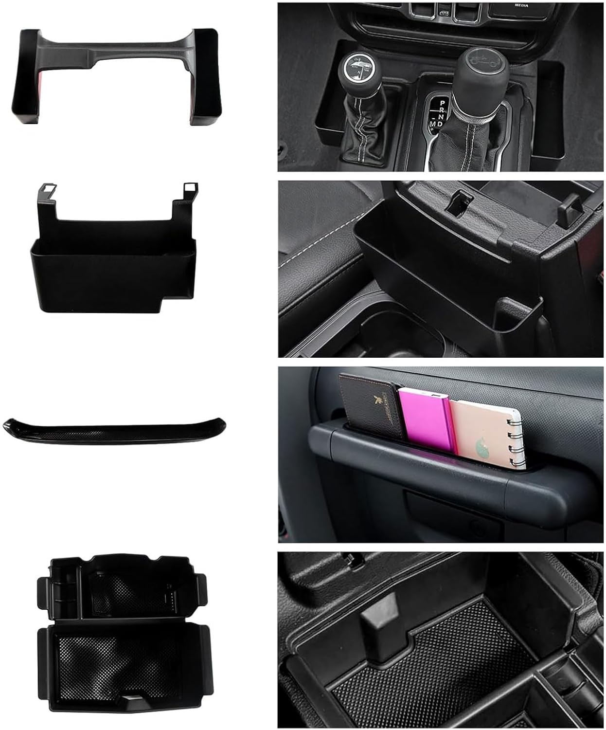 4PCS Center Console Organizer for 2018-2023 Jeep Wrangler JL JLU & Gladiator JT, Gear Shift Console Side Tray Organizer, Passenger Side Co-Pilot Organizer, Hanging Armrest Storage Box
