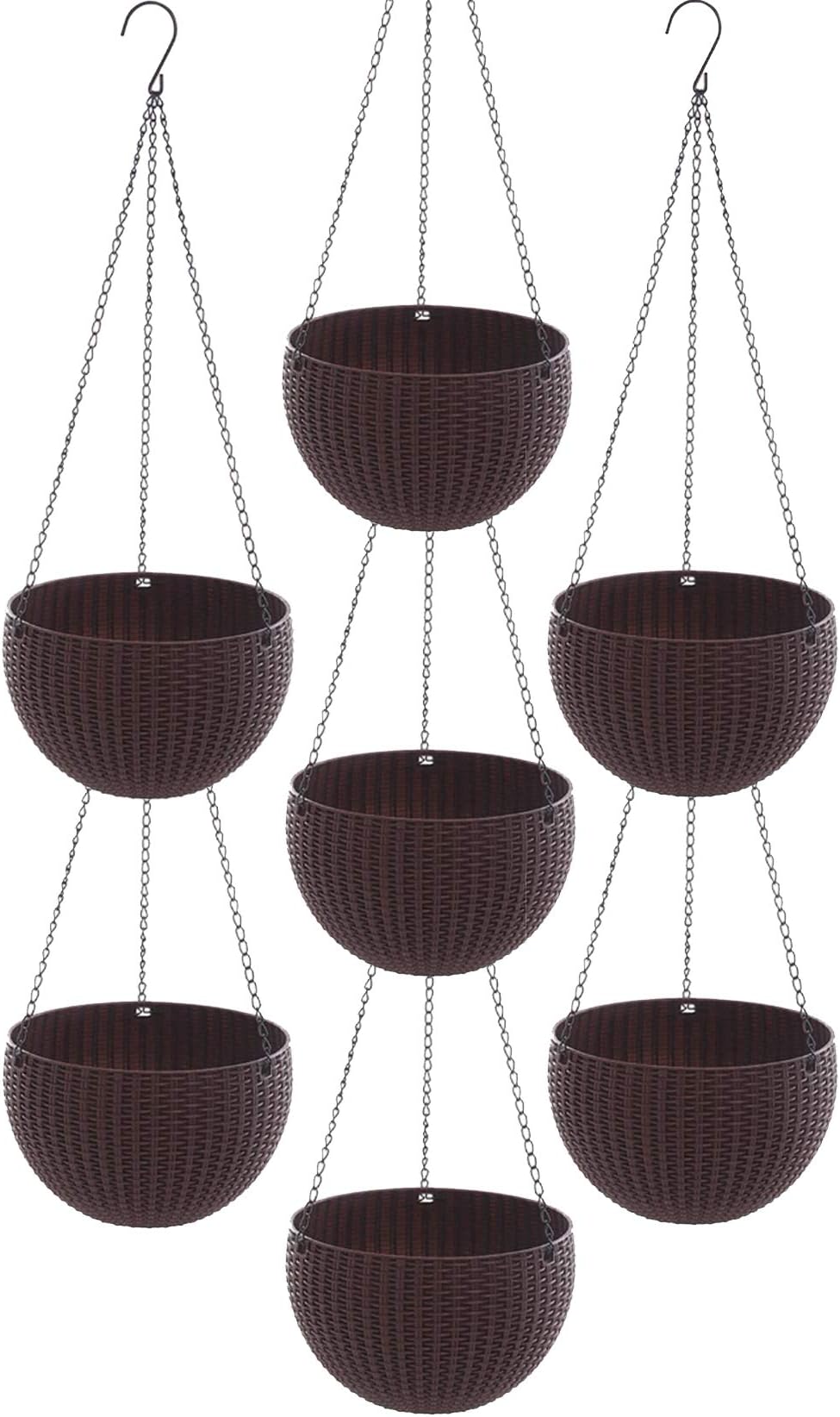 Go Hooked 7.1" Plastic Rattan Hanging Basket/Hanging Pots with Metal Hanging Chain/Hanging Planters- Set of 7 (Dark Brown) (Flowers Not Included)