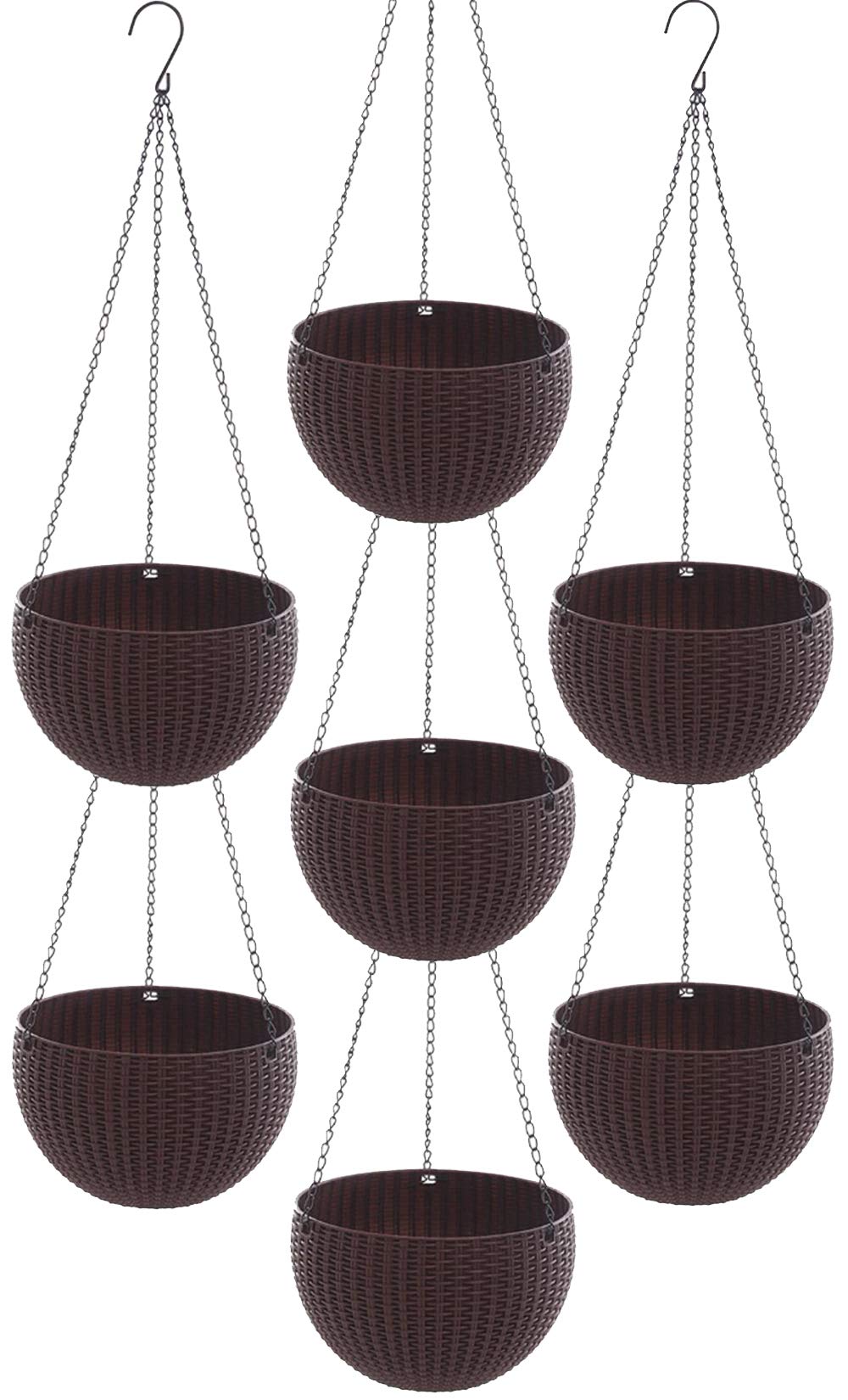 Go Hooked 7.1" Plastic Rattan Hanging Basket/Hanging Pots with Metal Hanging Chain/Hanging Planters- Set of 7 (Dark Brown) (Flowers Not Included)
