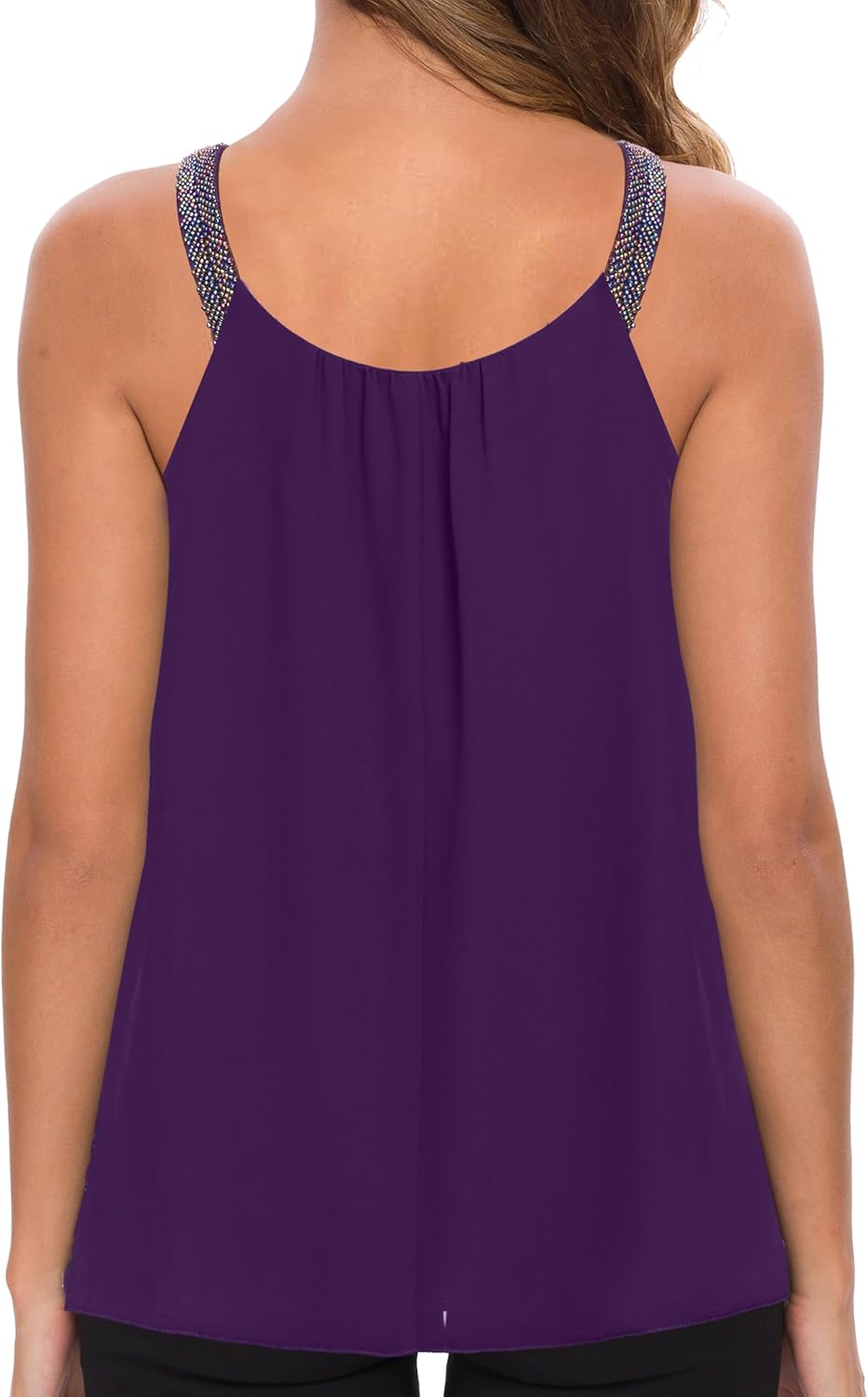 MANER Women's Plus Size Cami Casual Pleated Chiffon Tank Top with Beaded Strap - Image 2