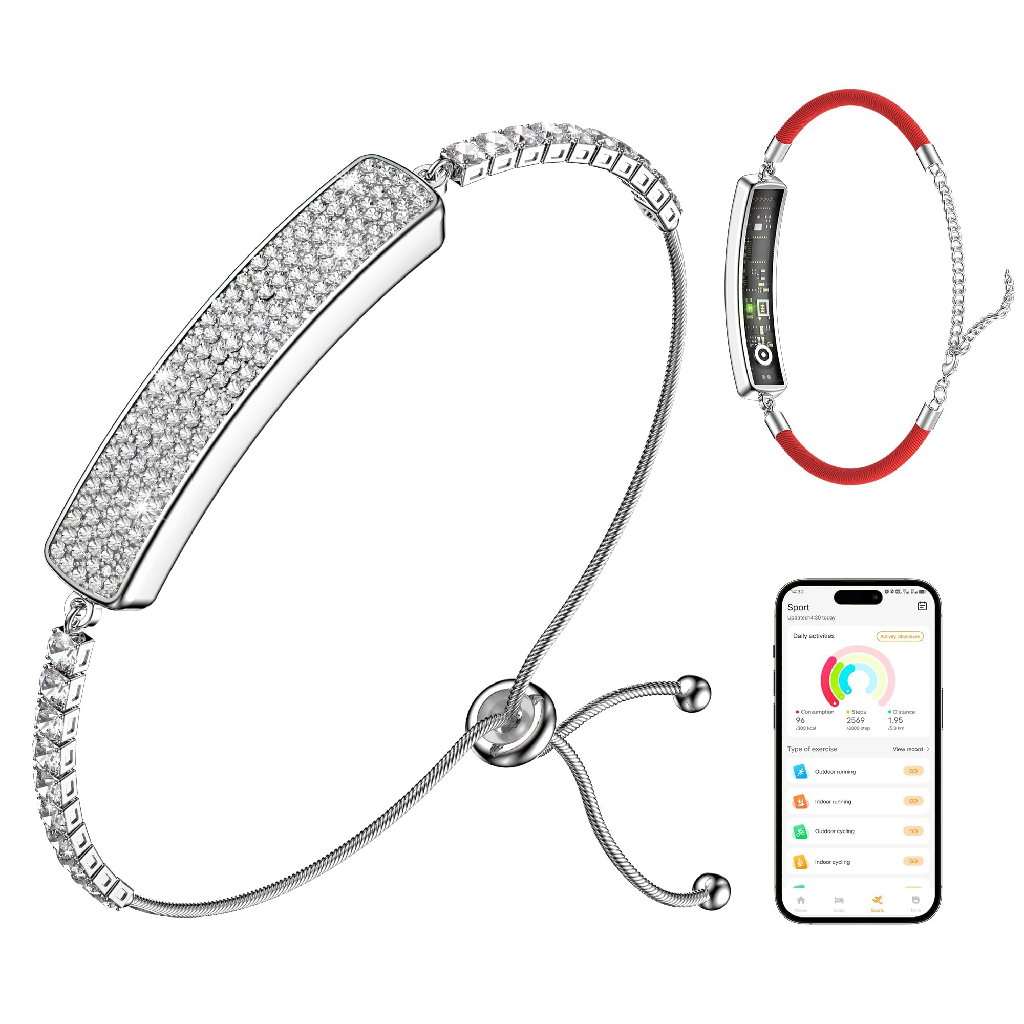 Light Luxury Smart Bracelet for Women, Jewelry Activity &amp; Fitness Trackers/Heart Rate/Sleep Stress/HRV/Life Waterproof,Automatic Monitoring Wearable Comes with 2 Bands and Free App - Silver