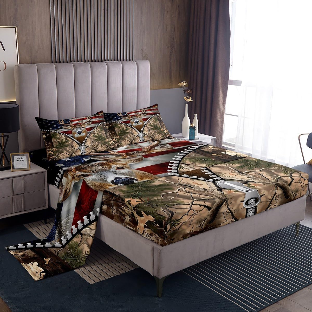 Erosebridal Elk Deer Bed Sheets American Flag Fitted Sheet,Woodland Tree Branches Wildlife Moose Sheet Set United States Flag Top Sheet Queen,Novel Zippier Design Reindeer Vintage Rustic Decor
