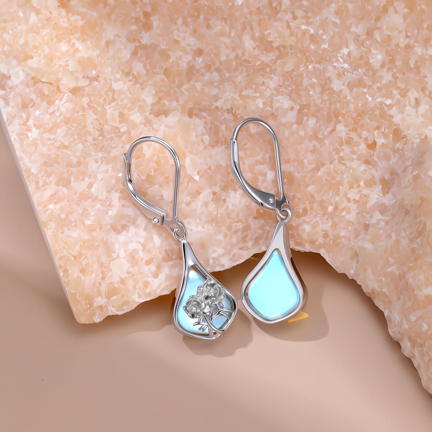 925 Sterling Silver Flower Moonstone Earrings, Moonstone Dangle Drop Hoop Earrings,Elegant Earrings Jewelry Gift for Women - Image 4