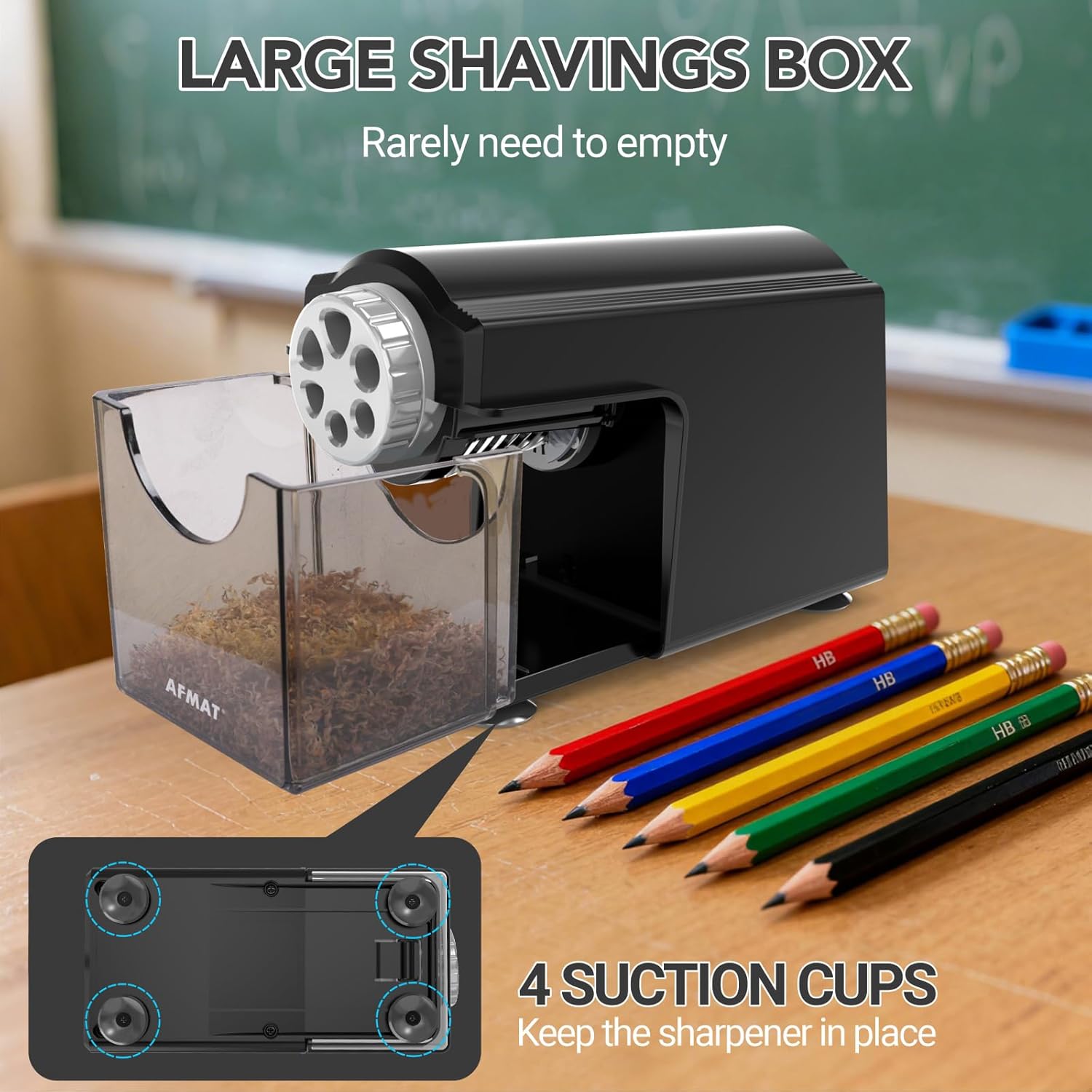 AFMAT Electric Pencil Sharpener Heavy Duty, 6 Holes, Cordless & Rechargeable, Super Fast, Auto Stop, 10K+ Uses, Classroom Pencil Sharpener for 6-11mm No.2/Large/Colored Pencils PSD4(Black)