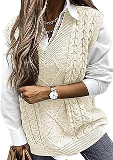Sponsored Ad - Sweezarmo Womens V Neck Cable Knit Sweater Vest Solid Color Oversized Sweater Casual Sleeveless Pullover Tops