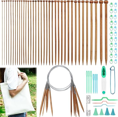 Hobekoee Juego de agujas de tejer de bambú, 36 agujas de tejer de bambú rectas de 9.8 pulgadas y 8 agujas circulares de 32 pulgadas con bolsa de