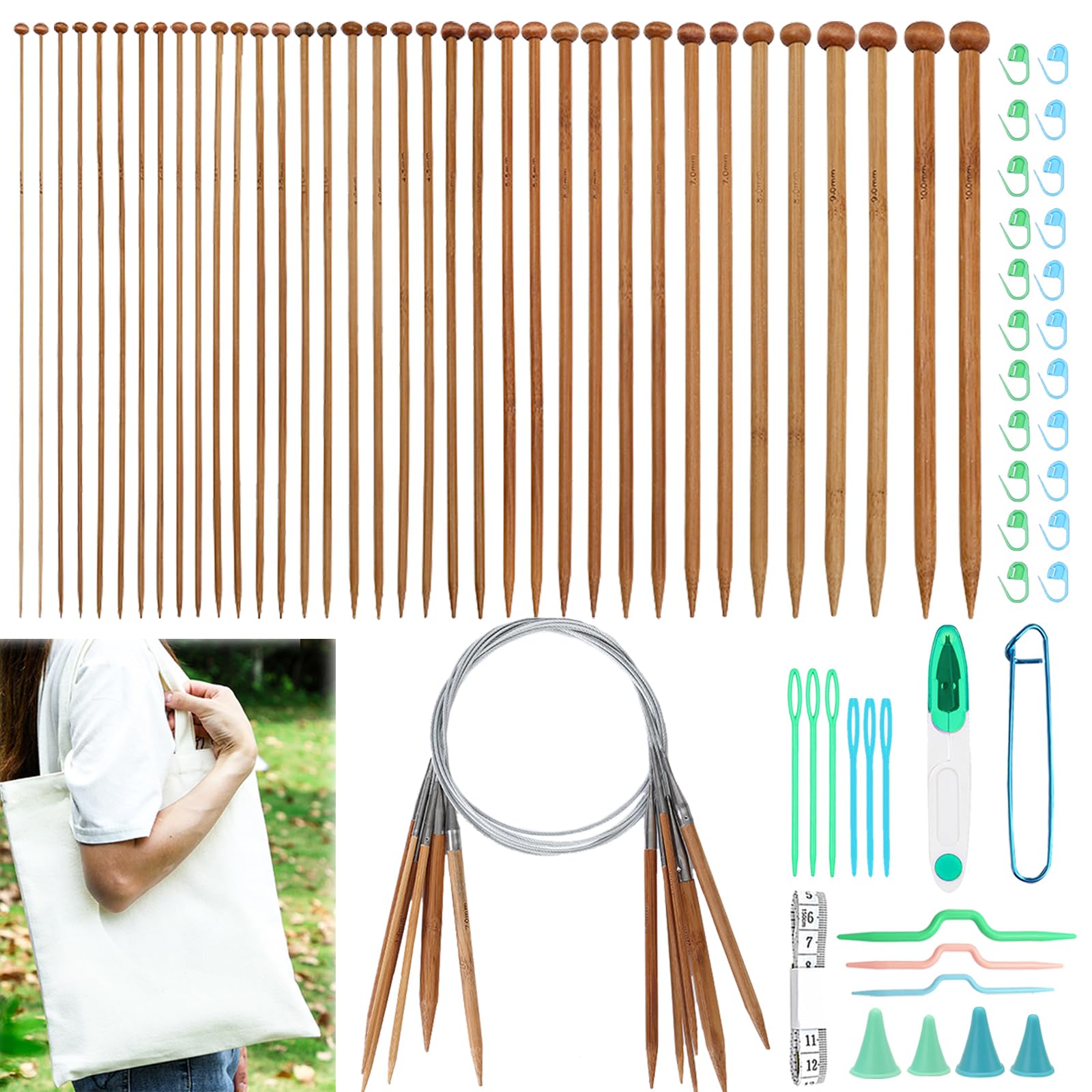 Hobekoee Juego de agujas de tejer, juego de 36 agujas de tejer rectas de bambú de una sola punta de 9.8 pulgadas y 8 agujas circulares de bambú de 31.5 pulgadas con bolsa de almacenamiento para