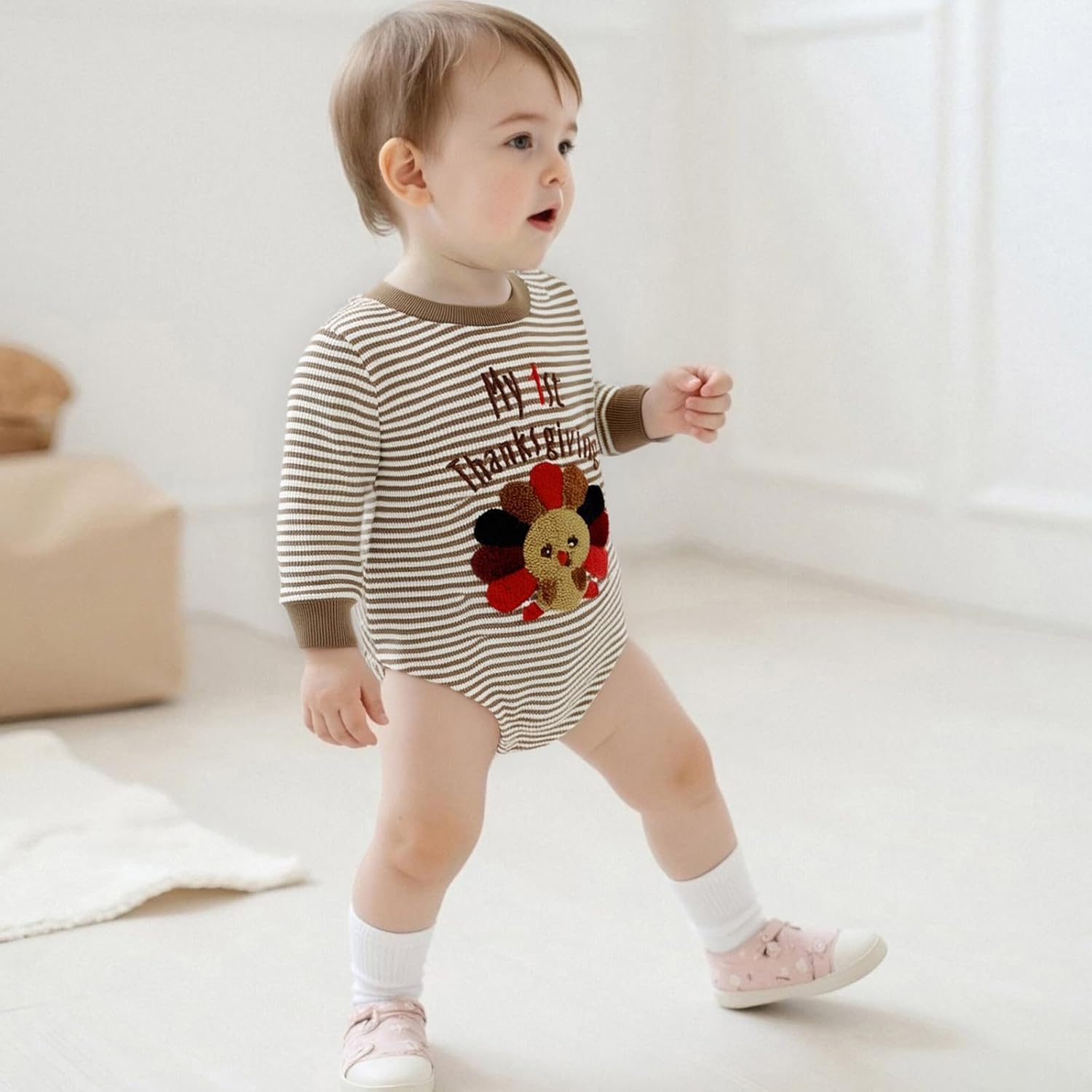 Giraropa My First Thanksgiving Baby Boy Outfit Smocked Bubble Romper Ruffle Jumpsuit Cute Newborn Infant Fall Winter Clothes - Image 2