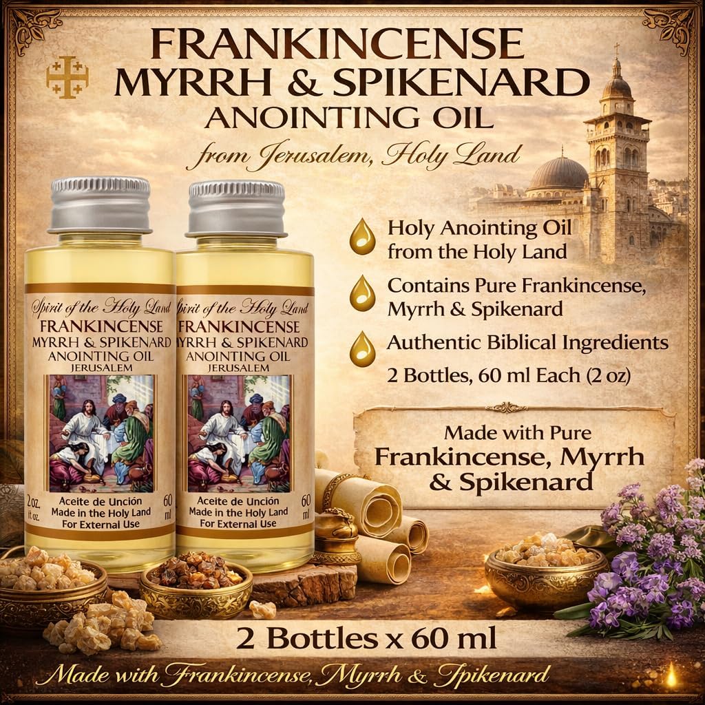 Frankincense Myrrh & Spikenard Anointing Oil Blend from Jerusalem 2 x 60 ml | Holy Land Blessing Gift Set, Includes Prayer Card